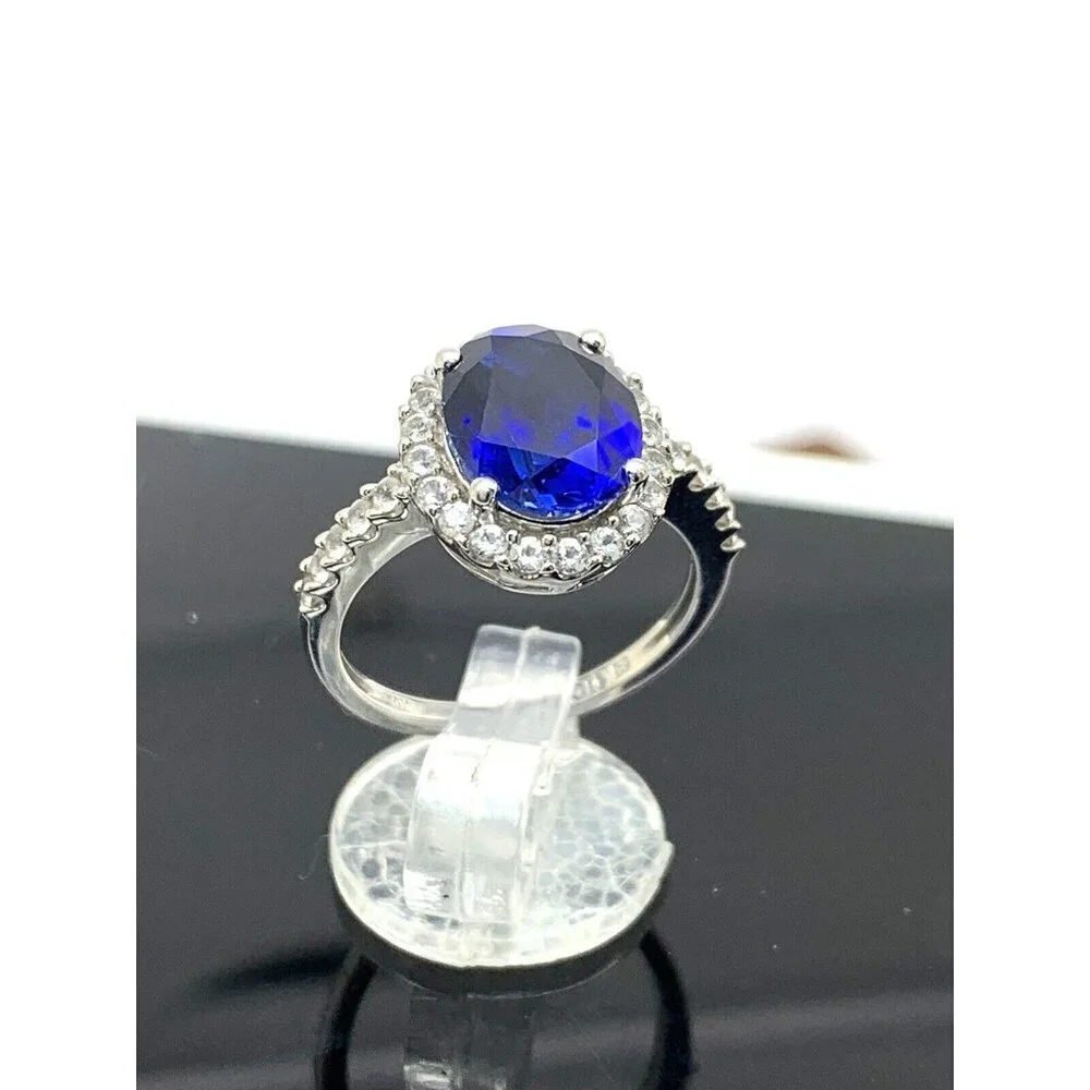 Engagement Ring 10k White Gold Blue Oval Cubic Zirconia Women's Jewelry …